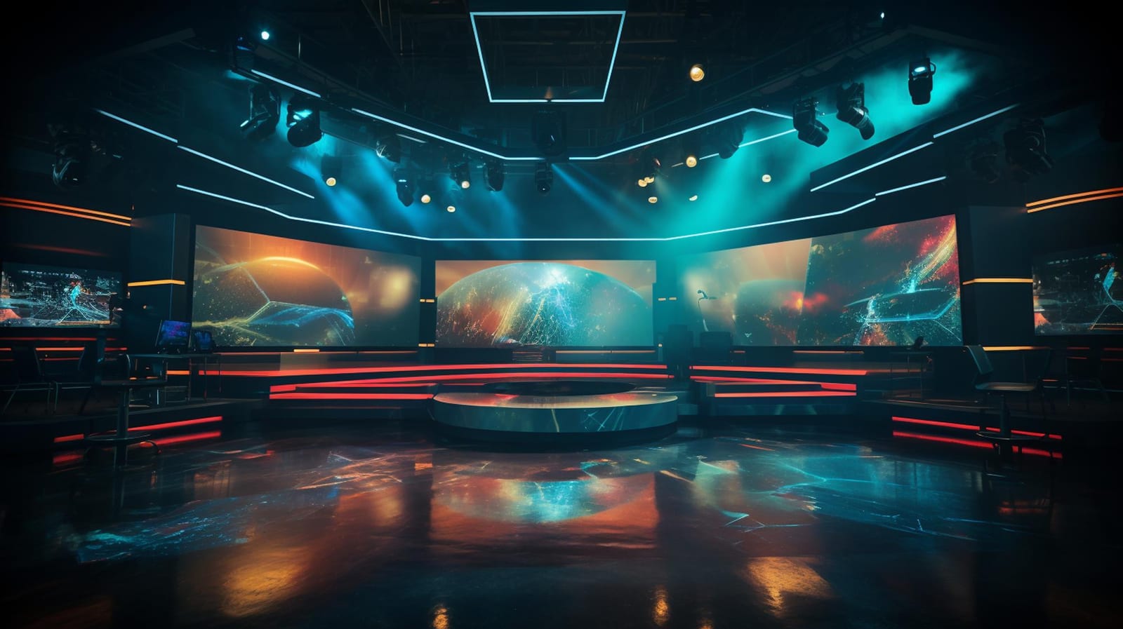 Estúdio de televisão digital com luzes azuis